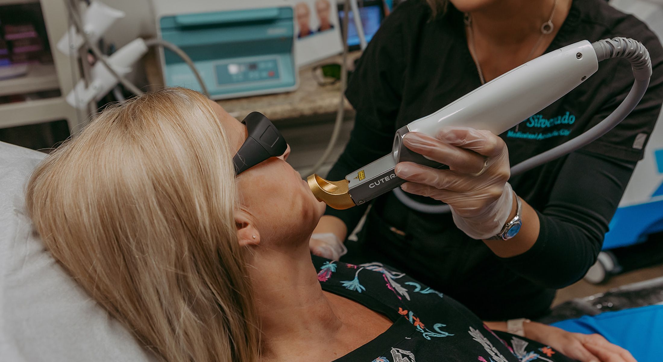 Patient receiving laser treatment in a clinic.